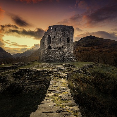 A beautiful sunrise at Dolbadarn Castle in Llanberis North Wales.