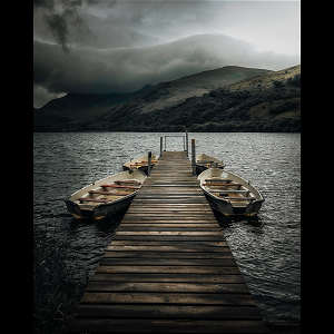 Moody conditions at the jetty at Llyn Nantlle in the Eryri / Snowdonia National Park, Wales.