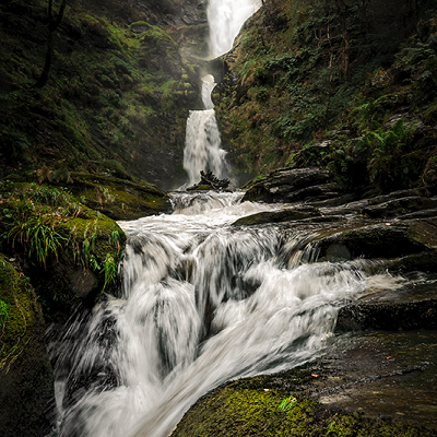 Fast flowing water at Pistyll Rhaeadr in North Wales.
