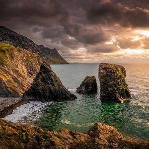 A stormy sunset at Trefor Sea Stacks on the Llyn Peninsula in North Wales.